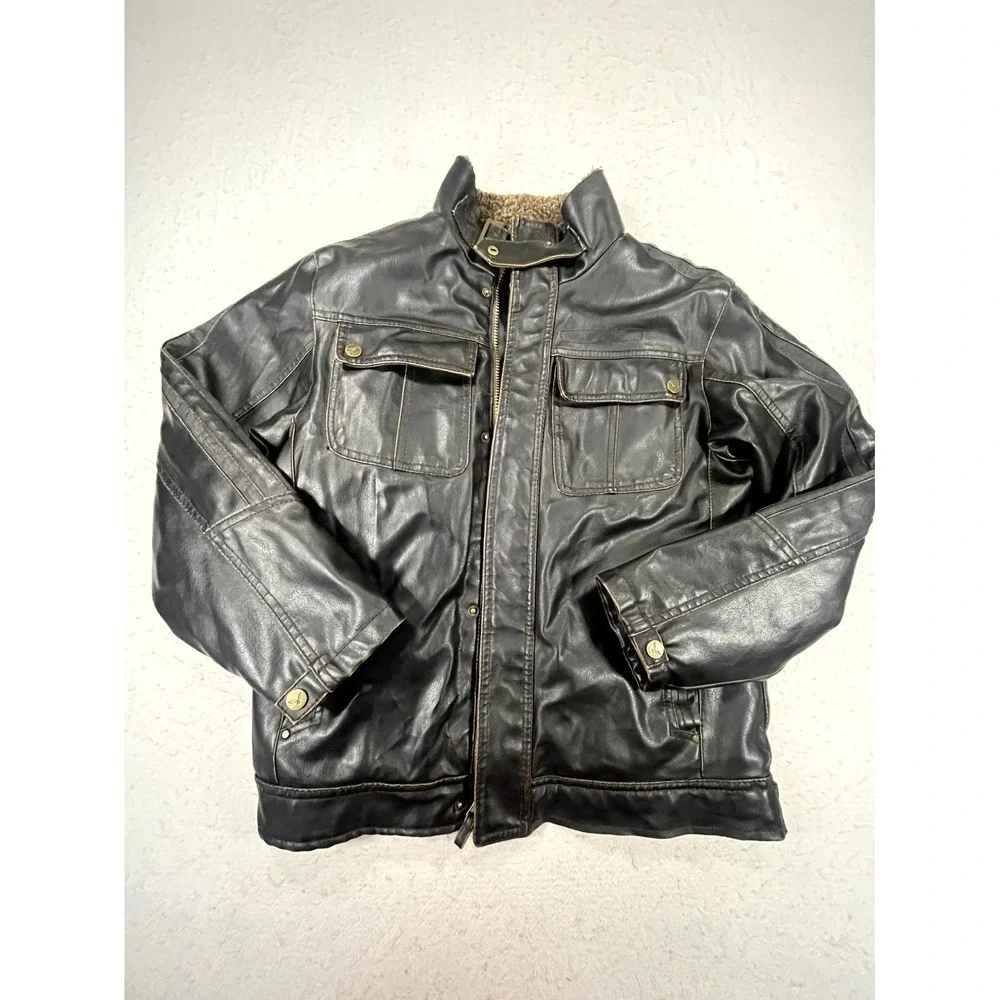 Hawke & Co Outfitter Faux Leather Jacket Youth 14/16 Brown Sherpa Lined Full Zip